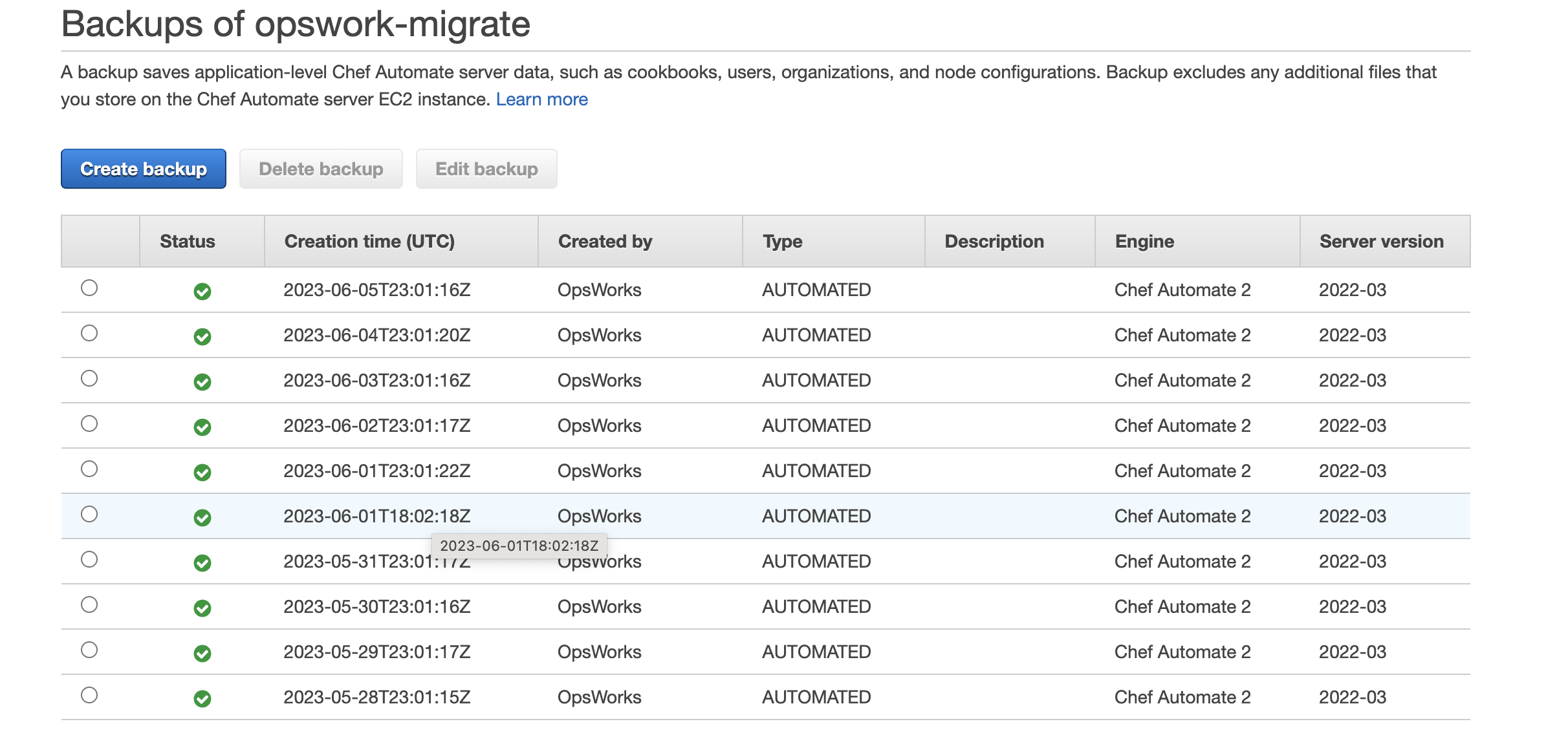 Chef Automate showing list of backups on AWS OpsWorks.